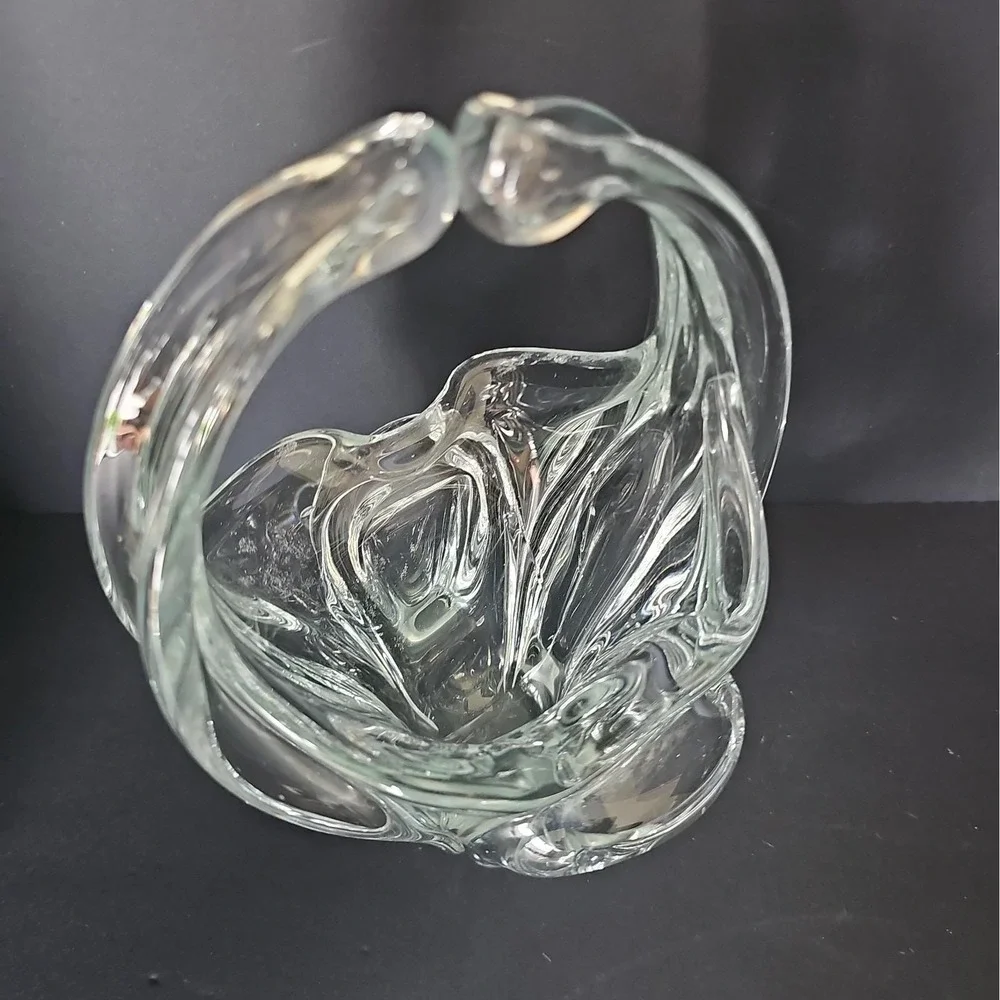 Vintage Collectible Thick Heavy Clear Art Glass Basket Vase Hand Blown